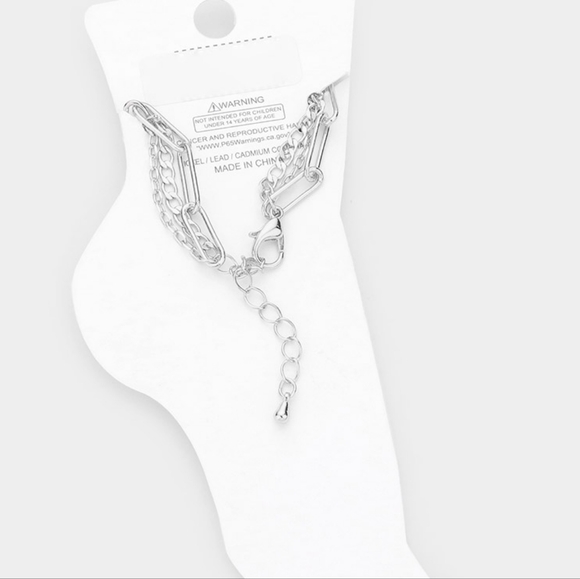 Triple Layered Silver Link Chain Style Round CZ Anklet Fashion Jewelry Accessory - Picture 4 of 4